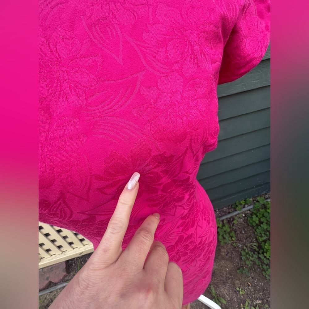 90s Vintage Hot Pink Cotton Jacquard Wiggle Dress w Low Back and Bow Sz Sm - Picture 3 of 9